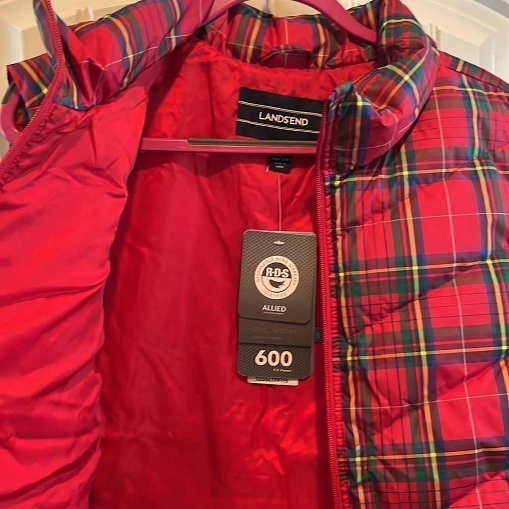 Red preppy classic plaid down filled NWT lands End zip puffer vest size 3XP - Picture 7 of 10